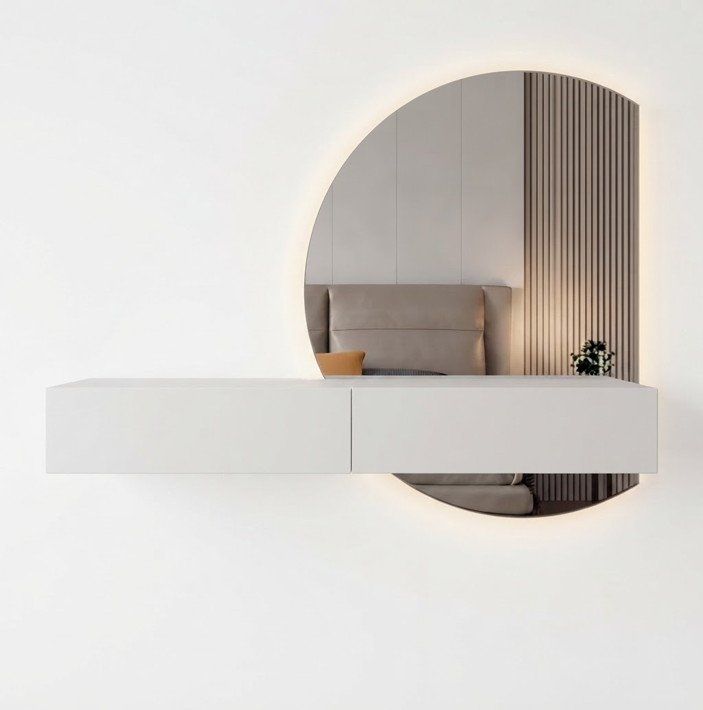 Custom Floating Vanity with Round Mirror